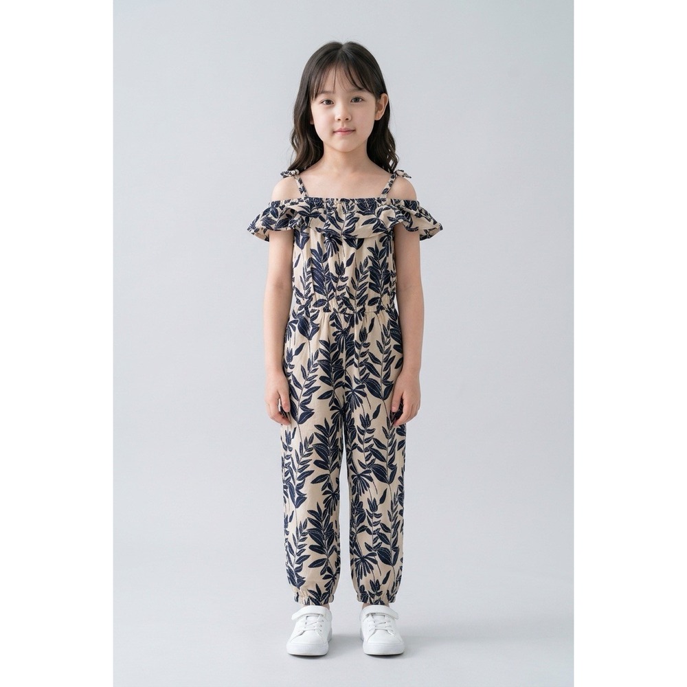 Janie and Jack Girls Palm Floral Jumpsuit Size 3 Pockets Ruffle Beige Black